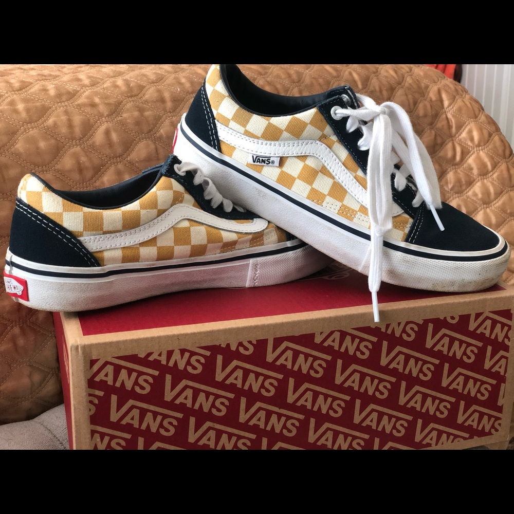 vans old skool pro checkerboard dress blue ochre